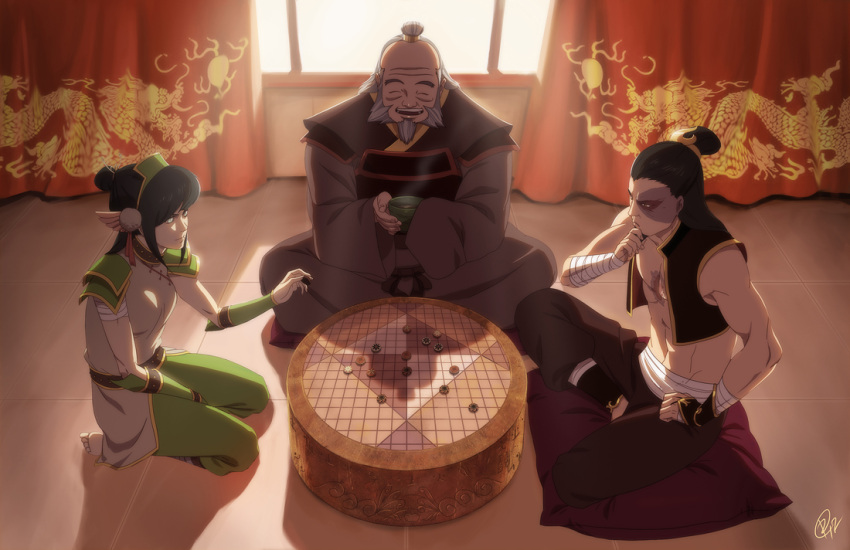 1girl, 2boys, avatar:_the_last_airbender, avatar_legends, balding, barefoot, beard, black_hair