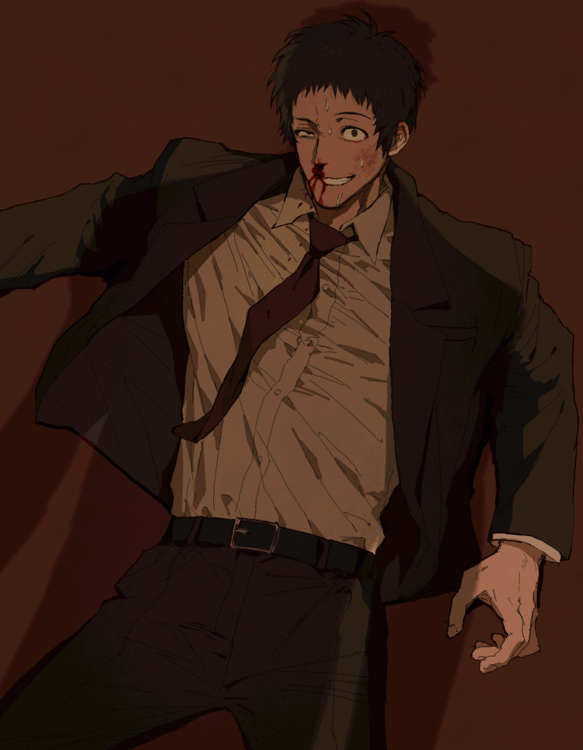 1boy, adachi_tooru, belt, black_belt, black_hair, black_jacket, black_pants, blood