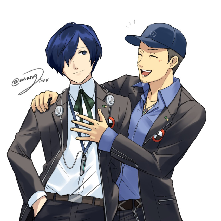 2boys, anarogiizu, arm_around_shoulder, baseball_cap, belt, black_hair, black_jacket, black_pants
