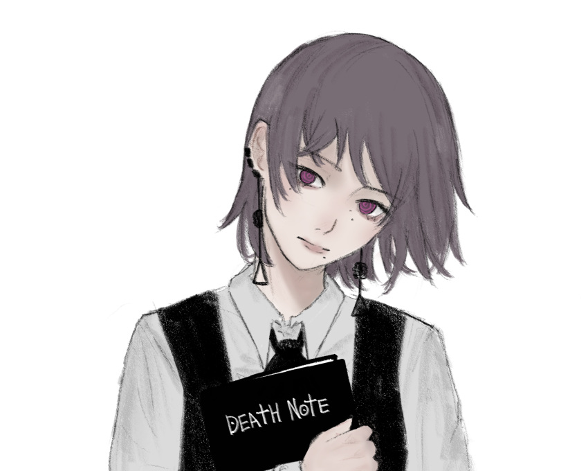 1girl, black_dress, book, chainsaw_man, closed_mouth, collared_shirt, death_note, death_note_(object)