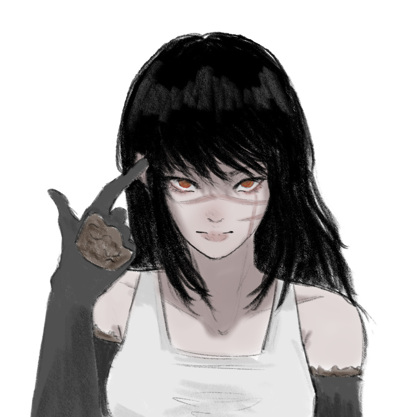 1girl, black_gloves, brown_eyes, chainsaw_man, closed_mouth, elbow_gloves, finger_gun, finger_gun_to_head