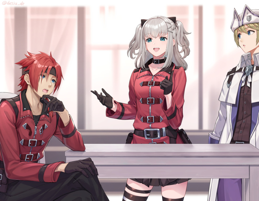 1girl, 2boys, :o, black_choker, black_gloves, black_headband, black_pants, black_ribbon