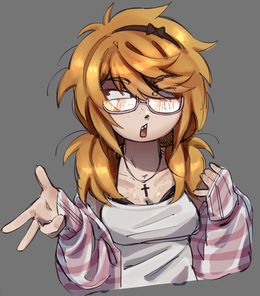 black_bow, black_headband, bow, cross, cross_necklace, fluffy_hair, freckles, freckles_on_breasts, glasses, headband, highres, jacket, jewelry, kibyland, necklace, original, semi-rimless_eyewear, short_twintails, striped_clothes, striped_jacket, tank_top, twintails, white_tank_top