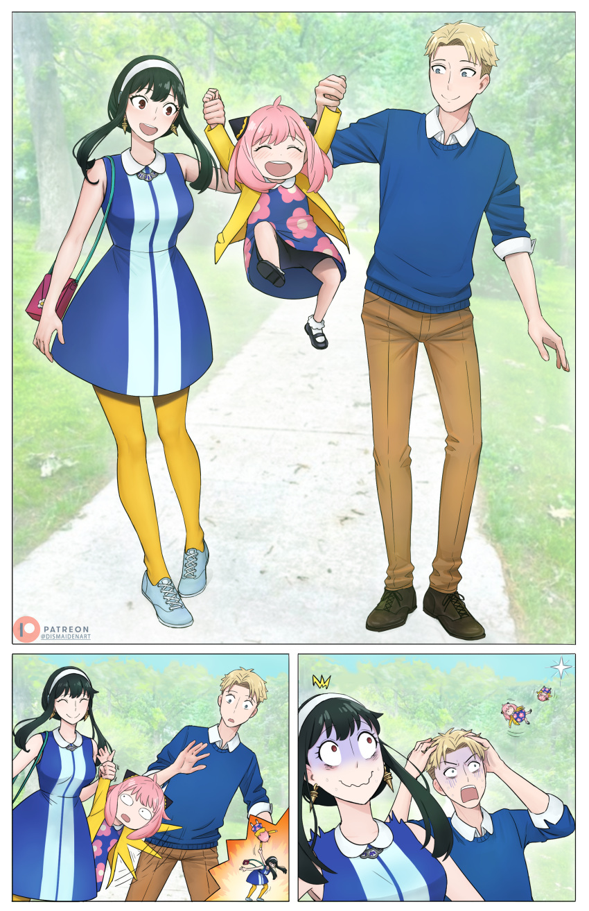 1boy, 2girls, absurdres, anya_(spy_x_family), bag, black_hair, black_shorts, blonde_hair