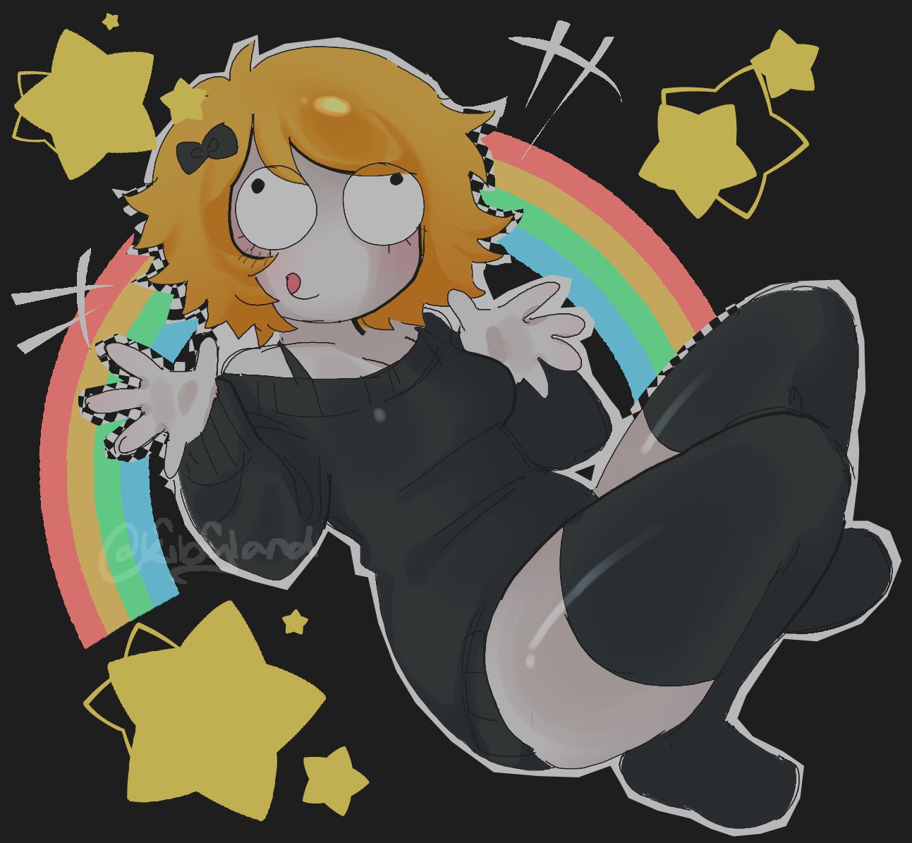1girl, :p, black_bow, black_sweater, black_thighhighs, bow, derpina, kibyland, off_shoulder, orange_hair, rage_comic, solo, sweater, thigh-highs, tongue, tongue_out, wall-eyed, zettai_ryouiki