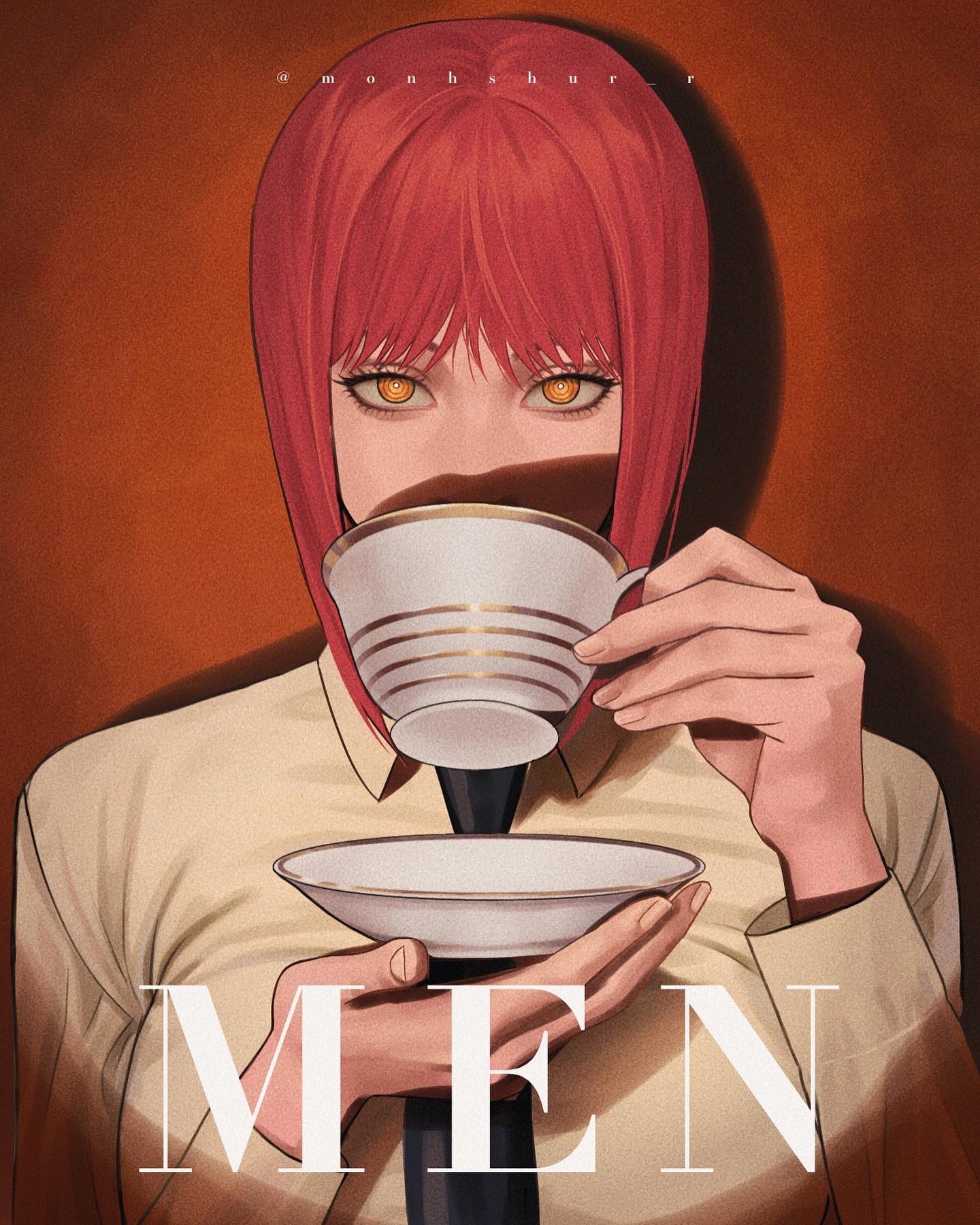 1girl, black_necktie, breasts, chainsaw_man, collared_shirt, commentary, cup, demon