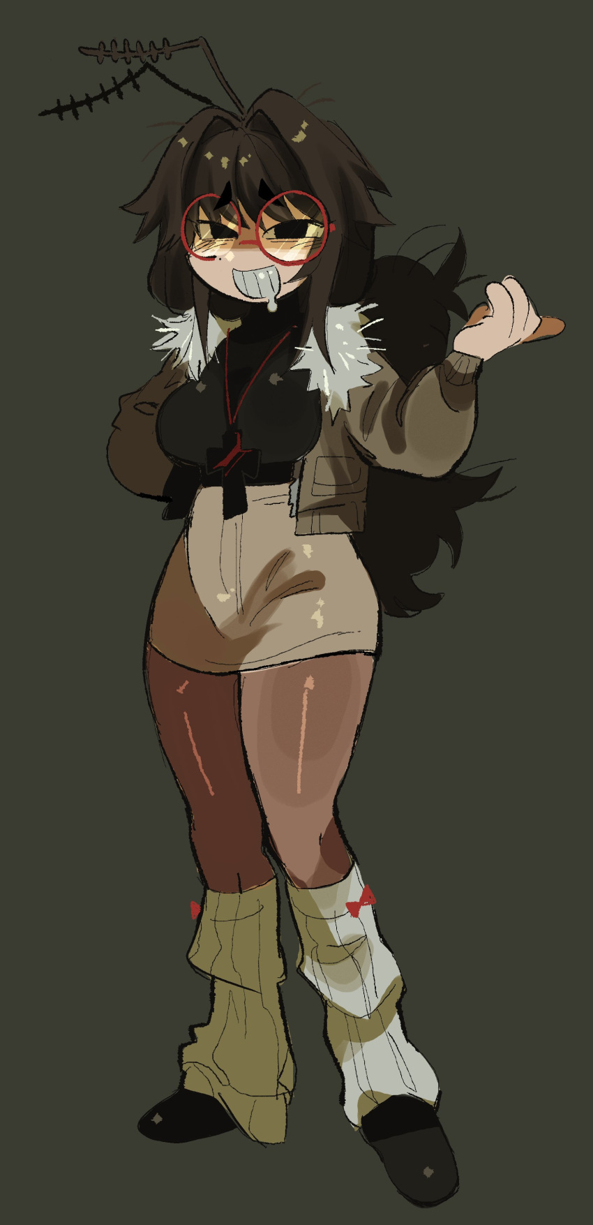 absurdres, antennae, arthropod_girl, brown_jacket, cross, cross_necklace, drooling, glasses, hair_intakes, highres, jacket, jewelry, kibyland, leg_warmers, low_ponytail, messy_hair, mole, mole_under_eye, necklace, original, pencil_skirt, ponytail, red-framed_eyewear, round_eyewear, shirt_tucked_in, skirt