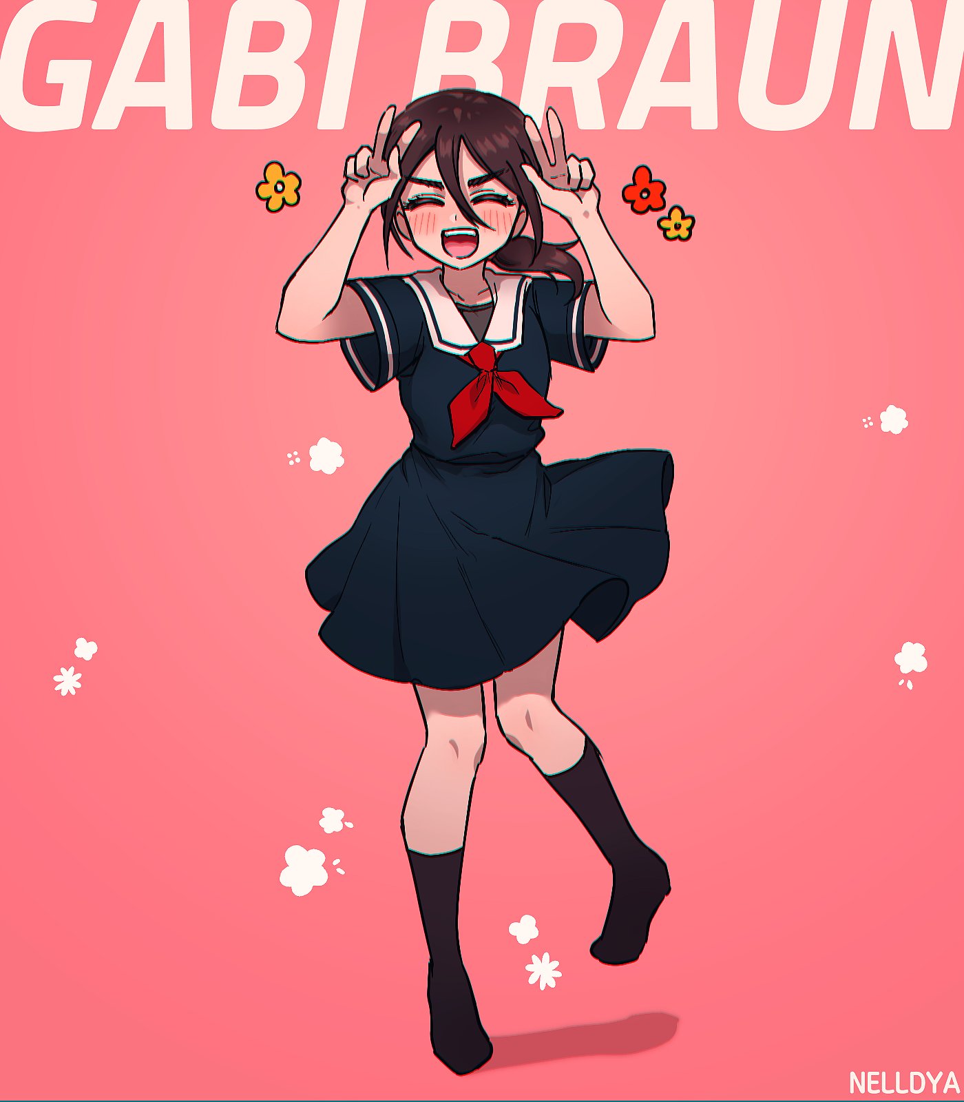 1girl, artist_name, black_serafuku, black_skirt, black_socks, brown_hair, character_name, chromatic_aberration