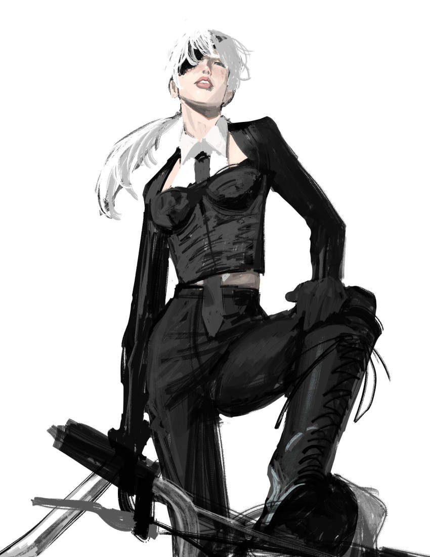 1girl, black_boots, black_gloves, black_necktie, black_pants, black_shirt, boots, chainsaw_man