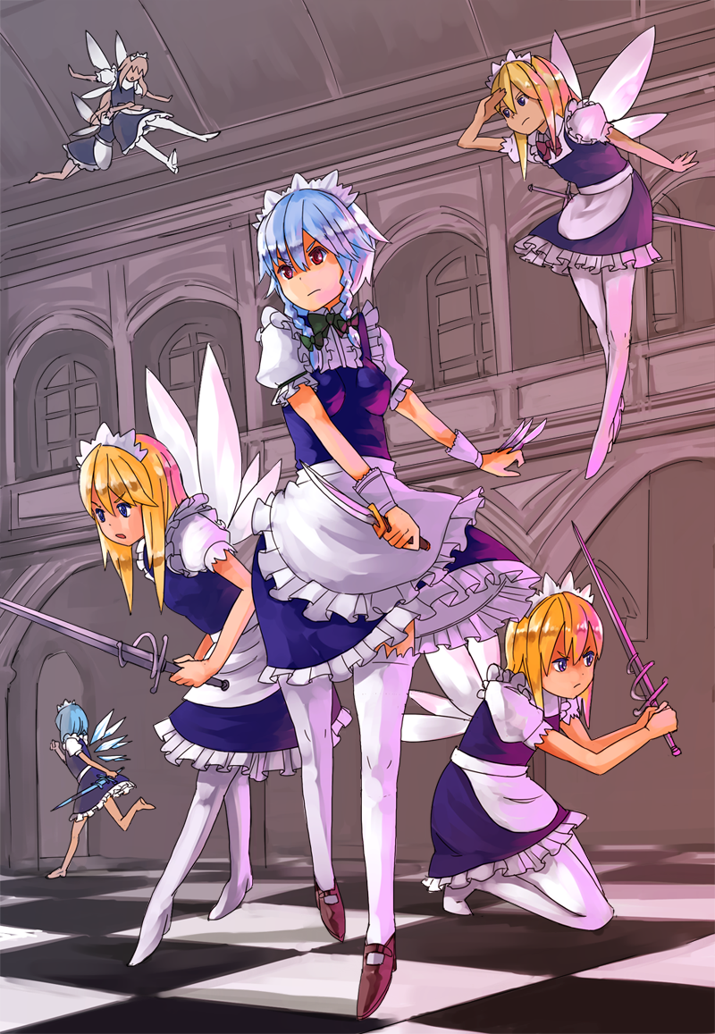barefoot, blonde_hair, blue_eyes, blue_hair, braid, checkered, checkered_floor, cirno