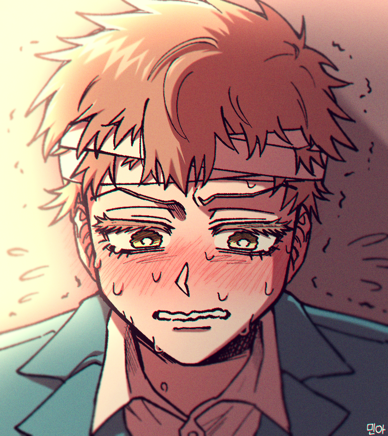 1boy, bandaged_head, bandages, blonde_hair, blurry, blush, chromatic_aberration, commentary_request