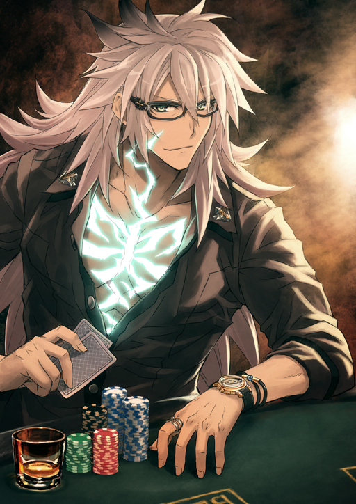 1boy, black-framed_eyewear, black_shirt, bracelet, brown_background, buttons, card, cheek_tattoo