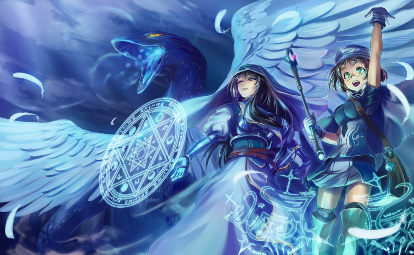 arm_up, bag, black_hair, blue, blue_eyes, brown_hair, creature, fantasy, glasses, gloves, green_eyes, hat, hexagram, highres, iceojin, large_wings, long_hair, magic_circle, multiple_girls, pixiv_fantasia, pixiv_fantasia_5, short_hair, staff, wings
