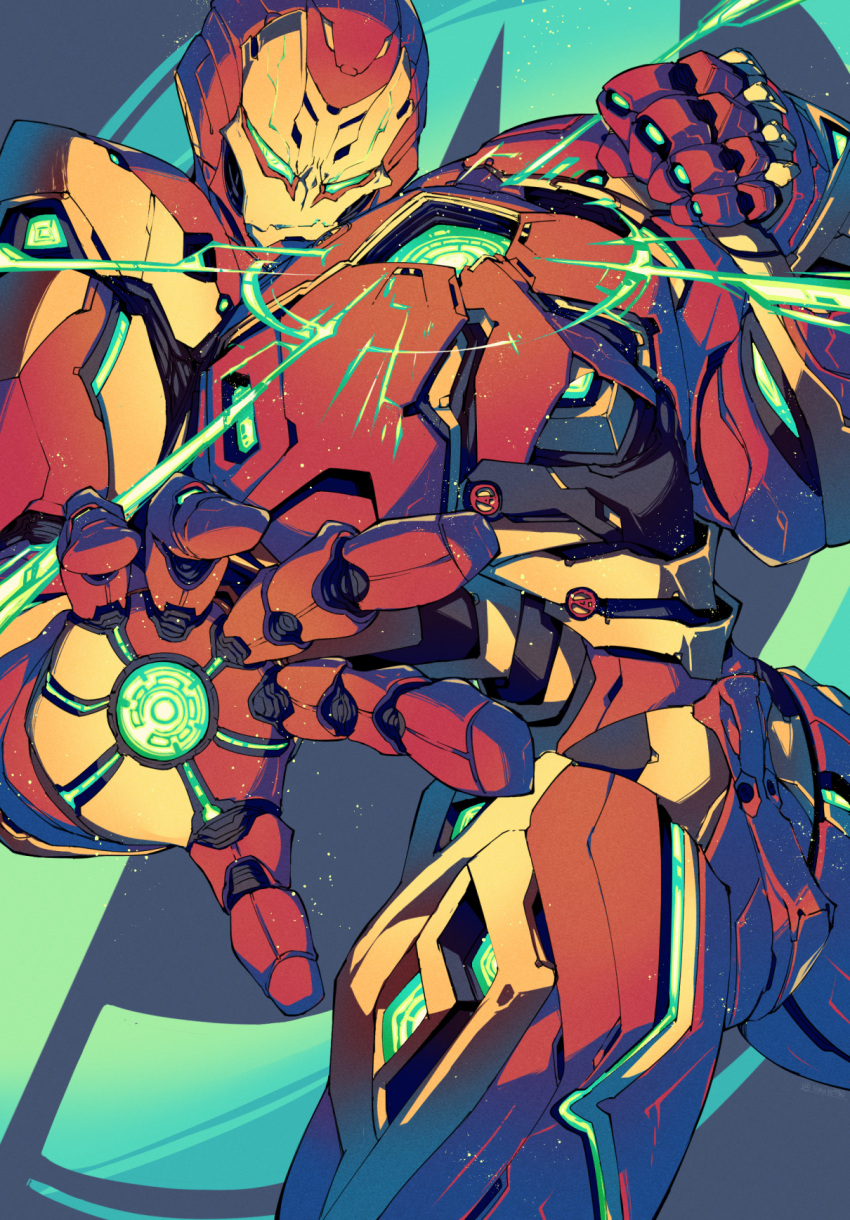 1boy, arc_reactor, armor, backpack, bag, clenched_hand, commentary, glowing
