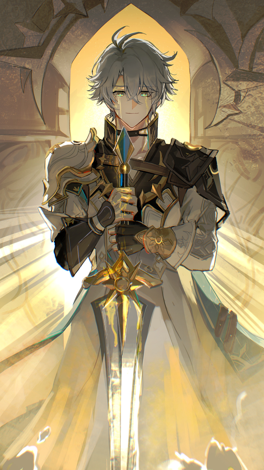 1boy, absurdres, antenna_hair, armor, black_choker, black_gloves, black_shirt, blood, blood_from_eyes, blue_eyes, chinese_commentary, choker, coat, collared_shirt, commentary_request, fingerless_gloves, gloves, glowing_tattoo, gold_trim, hair_between_eyes, highres, holding, holding_sword, holding_weapon, honkai:_star_rail, honkai_(series), liquid_gold, looking_at_viewer, male_focus, pauldrons, phainon_(honkai:_star_rail), planted, planted_sword, qiaose33912, shirt, short_hair, shoulder_armor, single_glove, single_pauldron, solo, sun_symbol, sun_tattoo, sword, vambraces, weapon, white_coat, white_hair