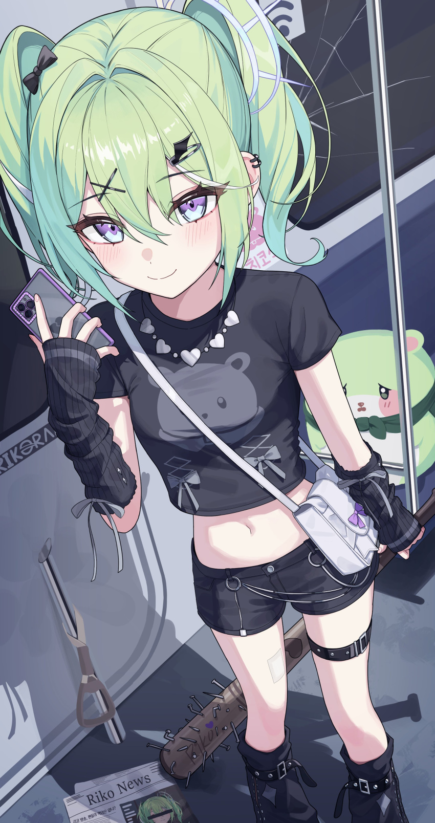 1girl, absurdres, bag, baseball_bat, black_shirt, black_shorts, blush, chico_(yuzuha_riko)