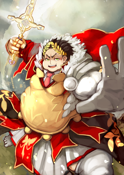 1boy, armor, asymmetrical_armor, breastplate, brown_hair, cape, collared_shirt, crocea_mors_(fate)