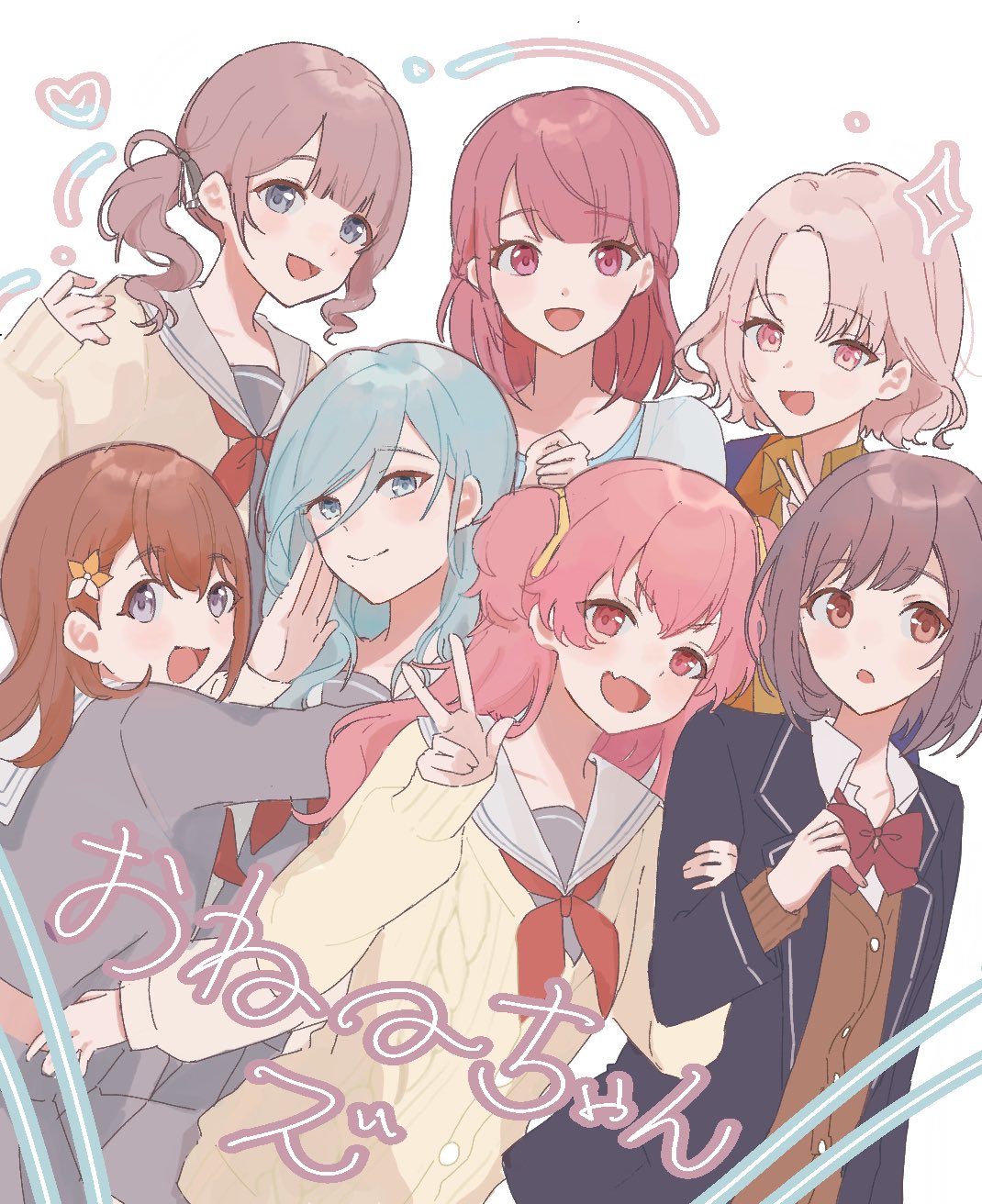 25-ji_nightcord_de._(project_sekai), aise27820265, akiyama_yuuki, blue_hair, brown_hair, character_request, grey_eyes, hanasato_minori