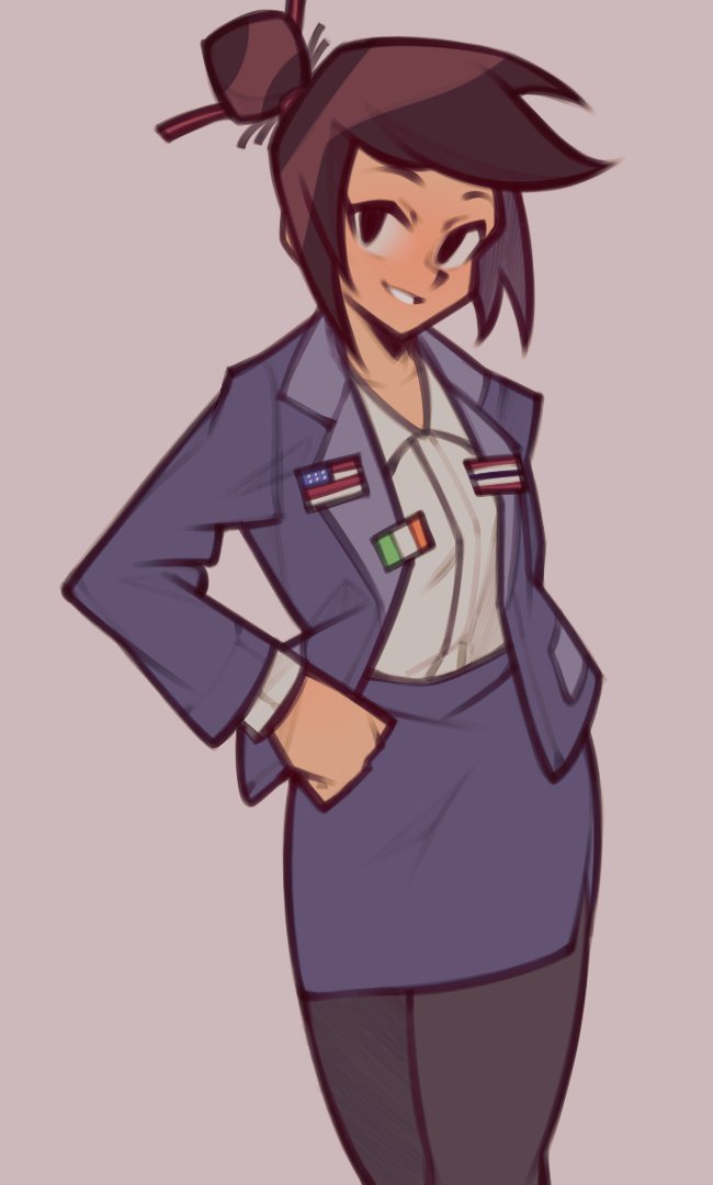 1girl, aged_up, american_flag, black_eyes, black_pantyhose, blue_jacket, blue_skirt, brown_hair