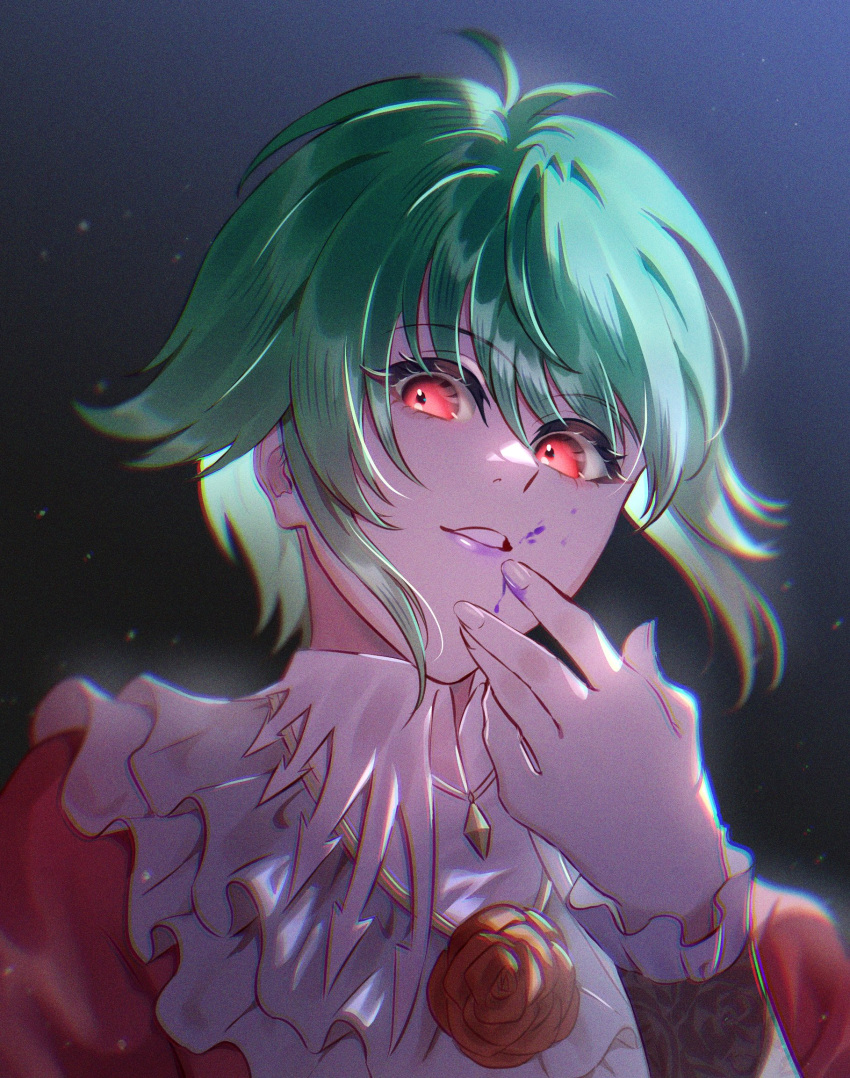 1girl, asellus_(saga_frontier), flower, frills, green_hair, highres, lips, looking_at_viewer