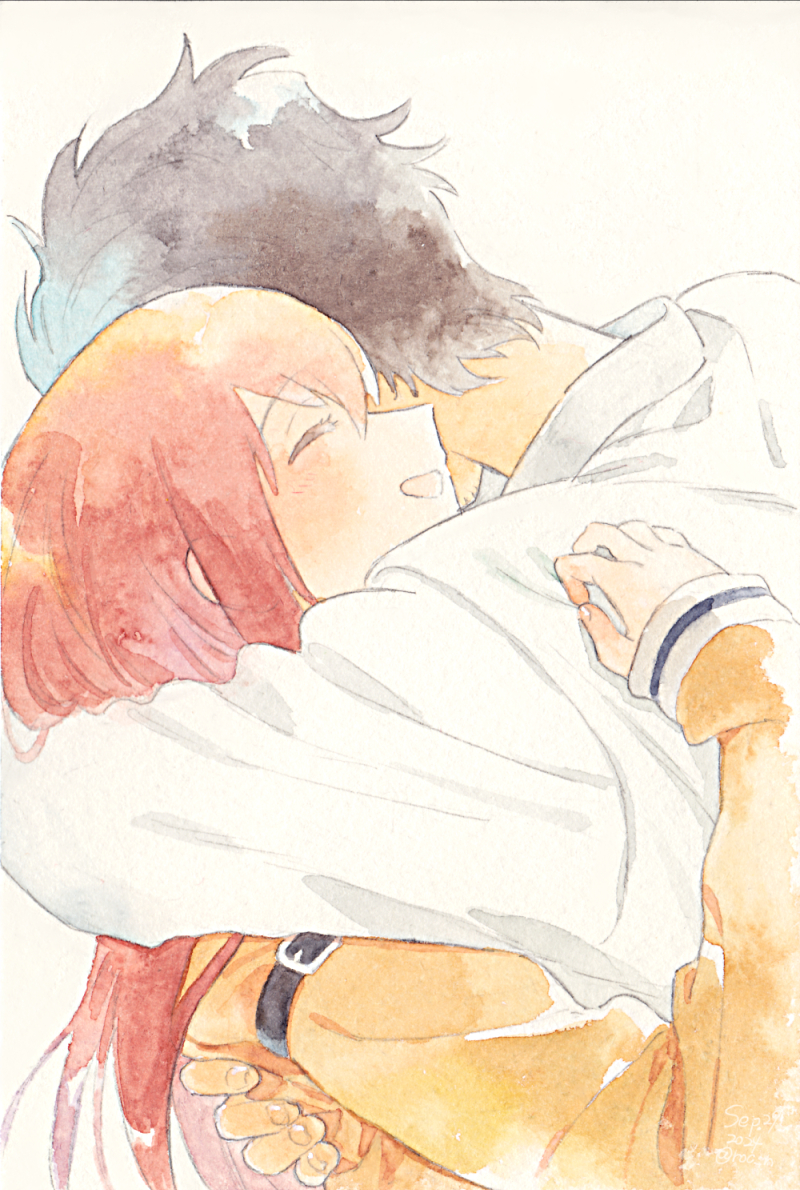 1boy, 1girl, black_hair, blush, brown_jacket, closed_eyes, coat, commentary_request