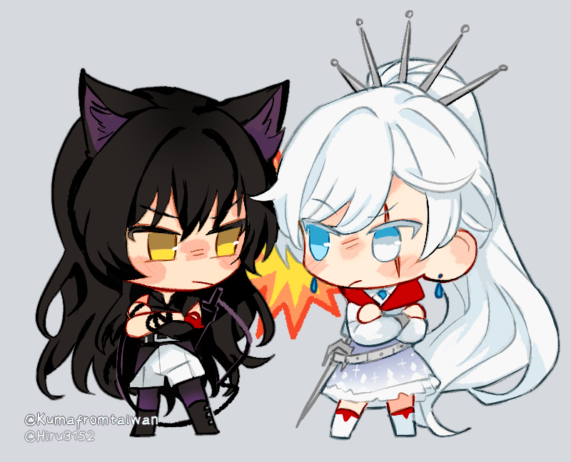 2girls, animal_ears, black_hair, blake_belladonna, cat_ears, chibi, commission, crossed_arms