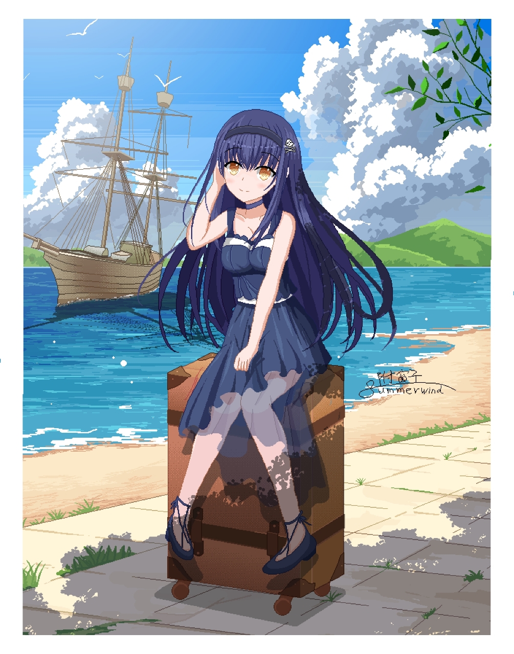 1girl, bare_arms, bare_shoulders, beach, black_choker, black_hair, black_hairband, black_shirt, black_shoes, black_skirt, blue_sky, blush, bone_hair_ornament, bow, breasts, chinese_commentary, choker, closed_mouth, clouds, collarbone, commentary_request, cumulonimbus_cloud, day, eyes_visible_through_hair, fuchuangzi_summerwind, full_body, hair_between_eyes, hair_ornament, hairband, hand_up, highres, knees_together_feet_apart, kushima_kamome, large_breasts, long_hair, looking_at_viewer, ocean, outdoors, pixel_art, ringed_eyes, rolling_suitcase, ship, shirt, shoes, signature, sitting, skirt, skull_and_crossbones, skull_hair_ornament, sky, sleeveless, sleeveless_shirt, smile, solo, split_mouth, straight_hair, suitcase, summer_pockets, textless_version, very_long_hair, watercraft, white_bow, yellow_eyes