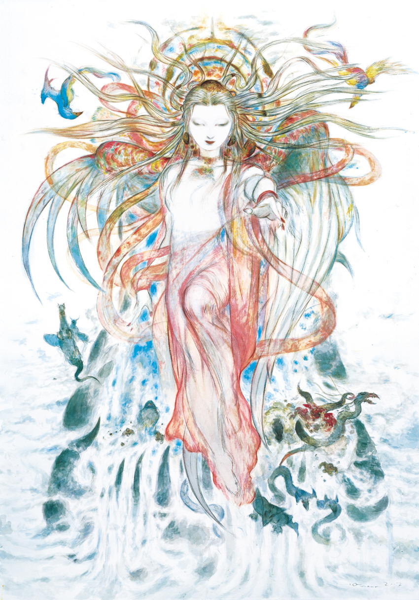 1girl, 2007, altana_(ff11), amano_yoshitaka, bird, blonde_hair, breasts, commentary, feathered_wings, final_fantasy, final_fantasy_xi, fingernails, floating_hair, highres, long_hair, medium_breasts, nail_polish, official_art, outstretched_arm, outstretched_hand, red_lips, red_nails, second-party_source, signature, white_wings, wings