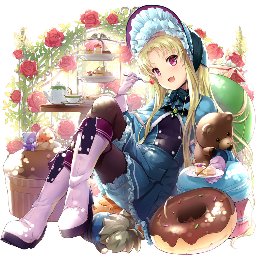 1girl, blonde_hair, bloomers, blue_bloomers, blue_capelet, blue_skirt, bonnet, boots