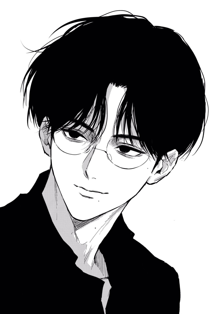 1boy, bags_under_eyes, black_hair, copyright_request, glasses, greyscale, highres, lips