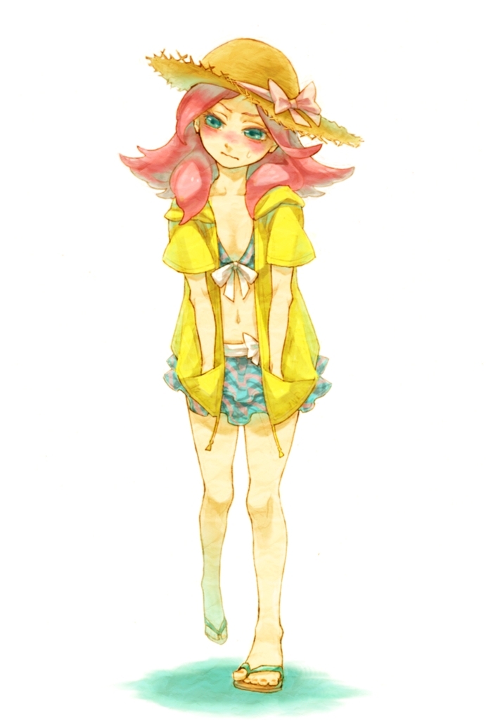 blue_eyes, hat, hat_ribbon, inazuma_eleven, inazuma_eleven_(series), jacket, panier, pink_hair, ribbon, sandals, solo, sun_hat, swimsuit, zaizen_touko