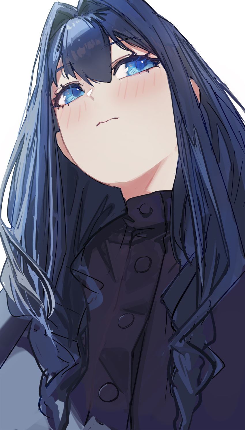 1girl, absurdres, black_dress, blue_eyes, blue_hair, closed_mouth, dress, english_commentary