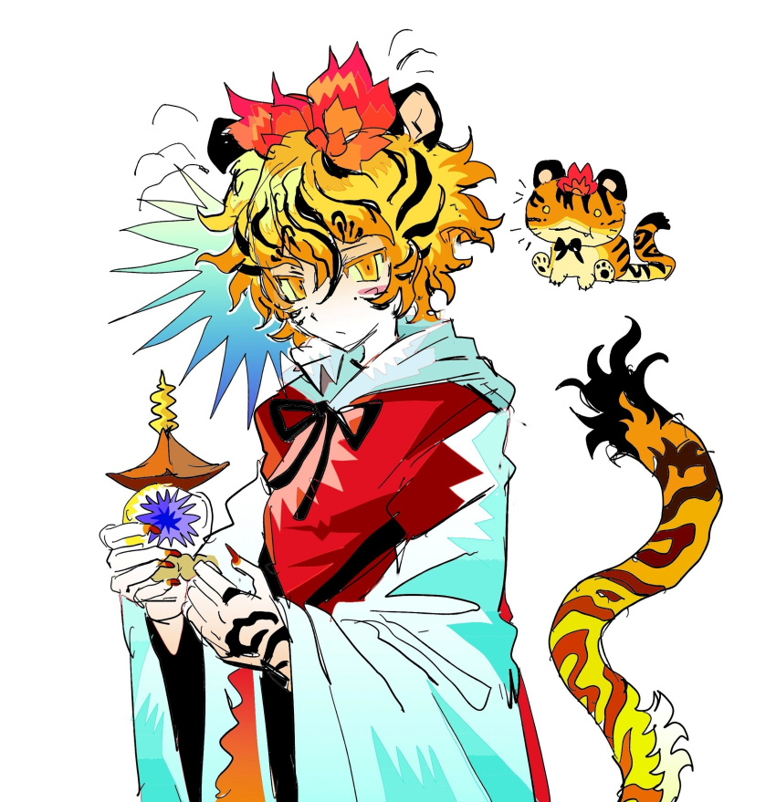 1girl, absurdres, animal_ears, animalization, bishamonten's_pagoda, black_hair, black_ribbon, blonde_hair