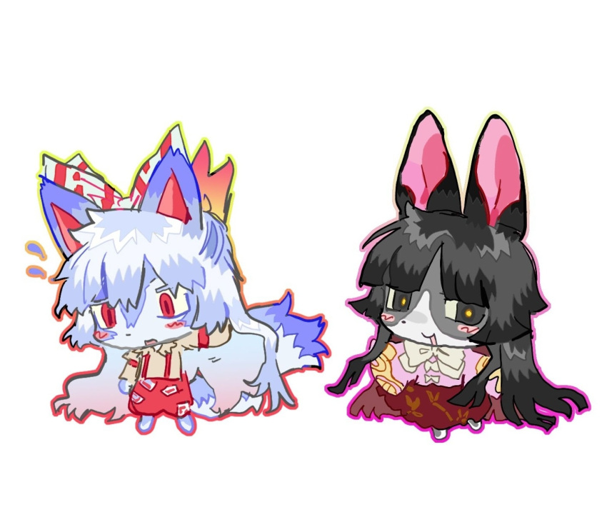 2girls, black_eyes, black_hair, blush_stickers, bow, bowtie, bright_pupils, brown_shirt