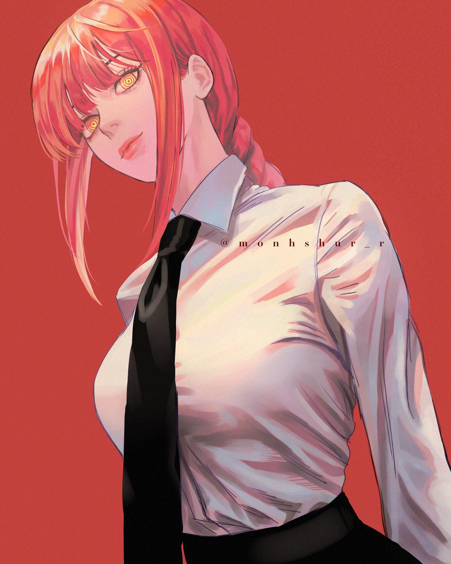 1girl, alternate_breast_size, black_necktie, braid, braided_ponytail, breasts, chainsaw_man, commentary