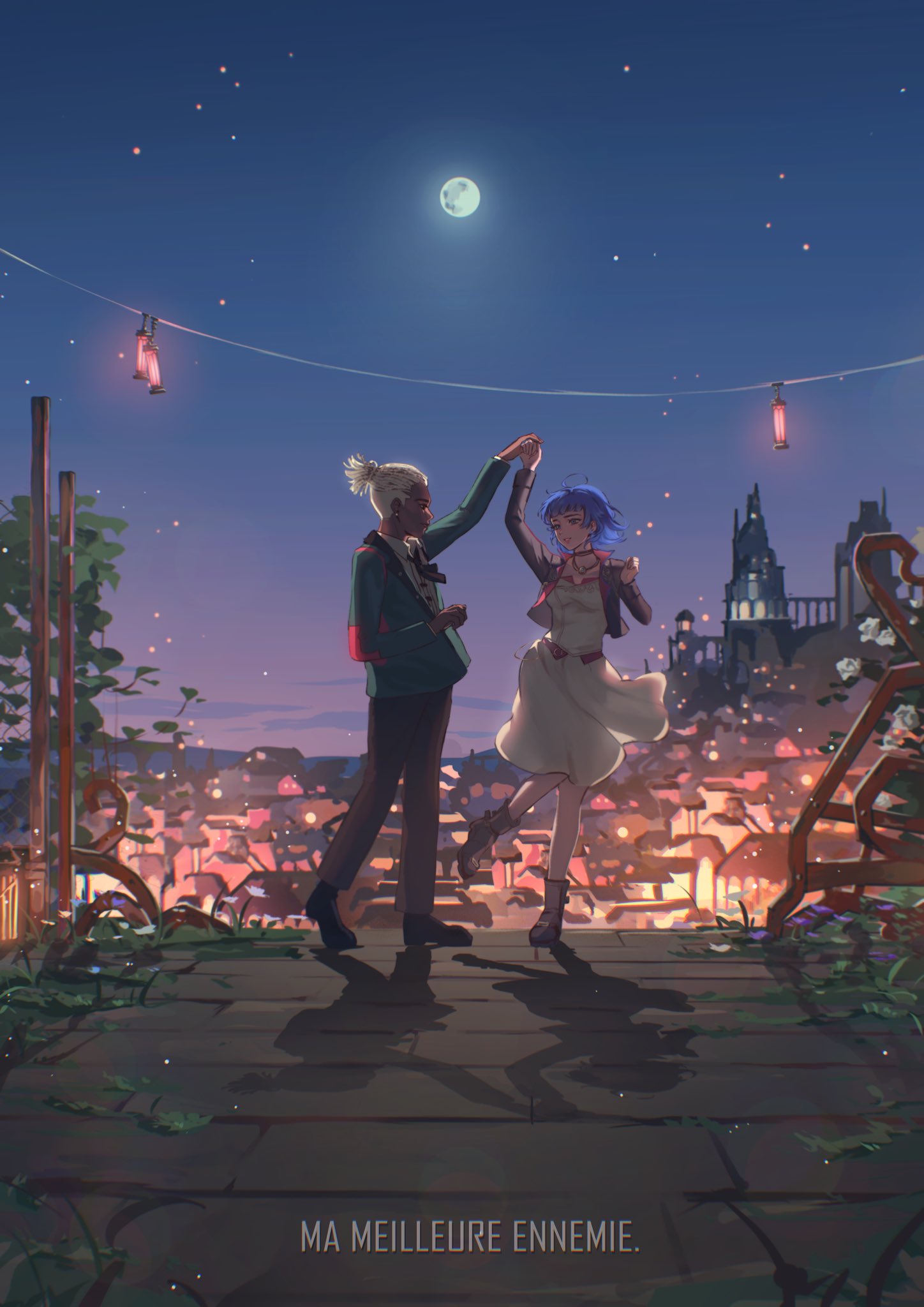 1boy, 1girl, ahoge, arcane:_league_of_legends, black_jacket, black_pants, black_shoes, blue_hair, blunt_bangs, chikenryice, cityscape, collared_shirt, couple, dancing, dark-skinned_male, dark_skin, dreadlocks, dress, ekko_(alternate_timeline)_(arcane), hetero, highres, jacket, jinx_(league_of_legends), league_of_legends, long_sleeves, moon, night, open_clothes, open_jacket, pants, powder_(alternate_timeline)_(arcane), shirt, shoes, short_hair, star_(sky), white_dress, white_hair, white_shirt, wind