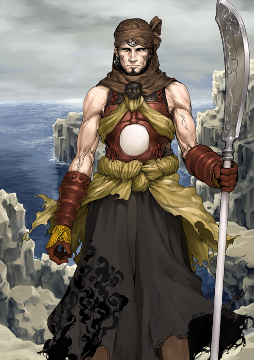 1boy, arm_at_side, armor, bare_shoulders, black_facial_hair, black_sclera, black_skirt, breastplate
