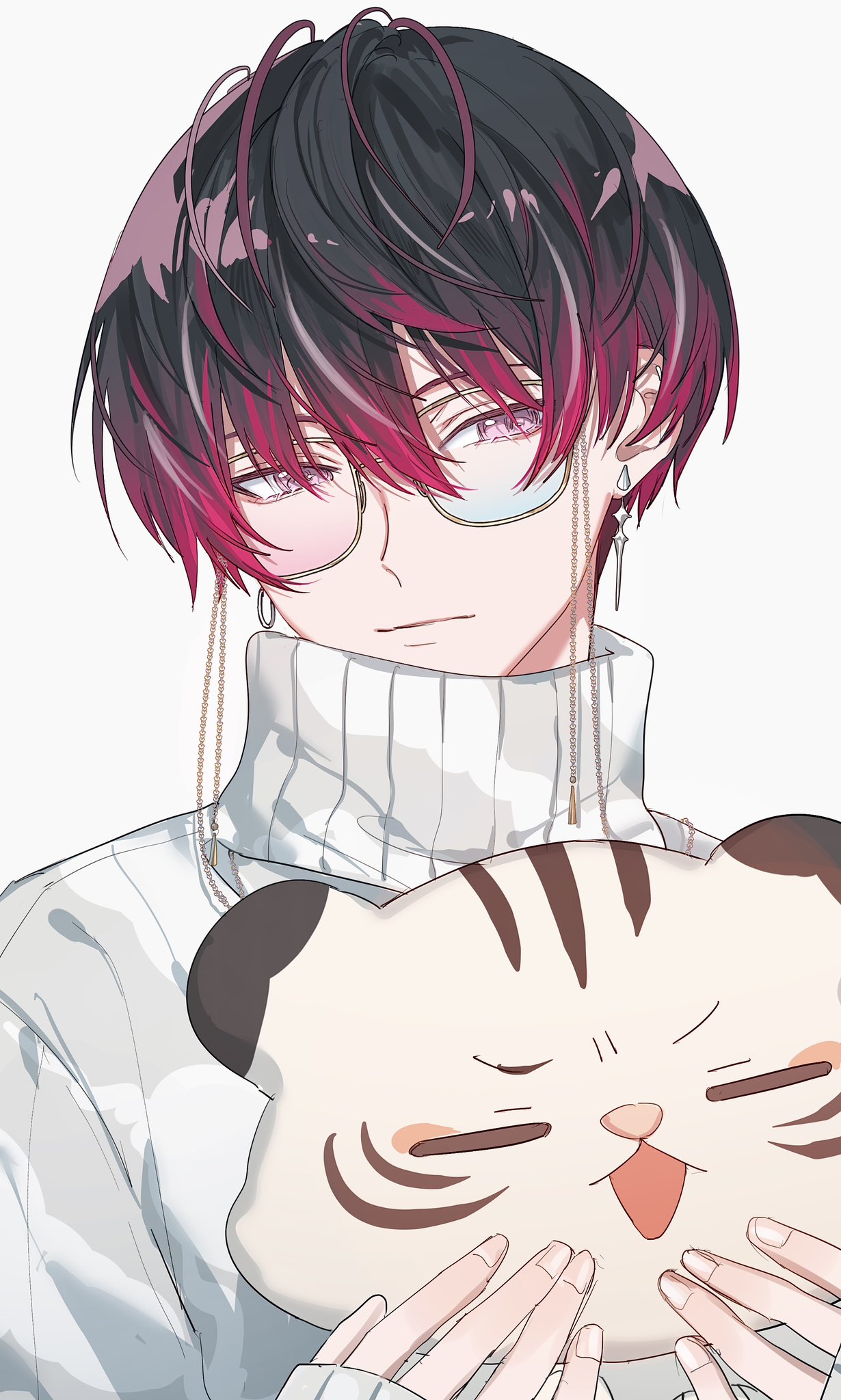 1boy, bespectacled, black_hair, closed_eyes, closed_mouth, commentary, earrings, ewa_(yion_yu94148)