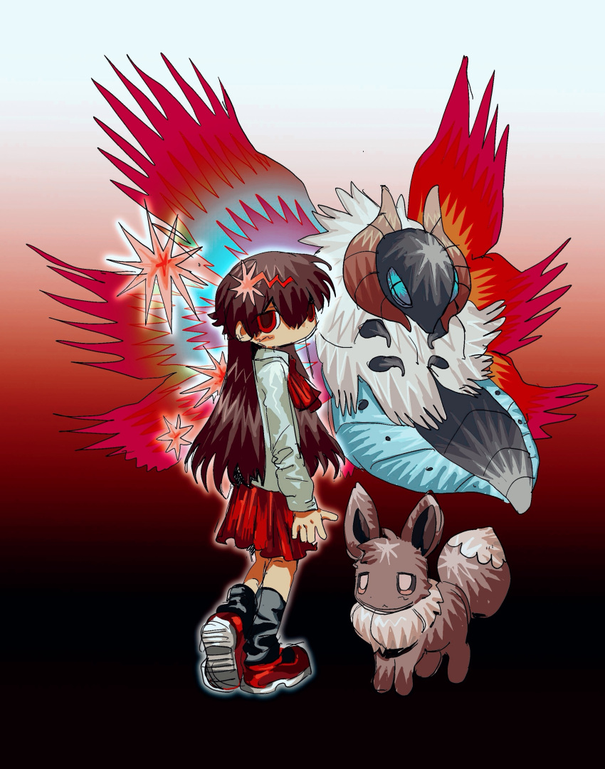 1girl, absurdres, black_socks, brown_hair, closed_mouth, commentary, crossover, eevee