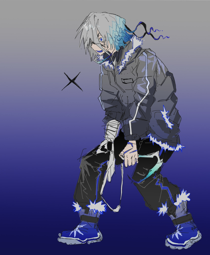 1boy, absurdres, bandaged_arm, bandages, black_pants, blue_boots, blue_eyes, blue_hair
