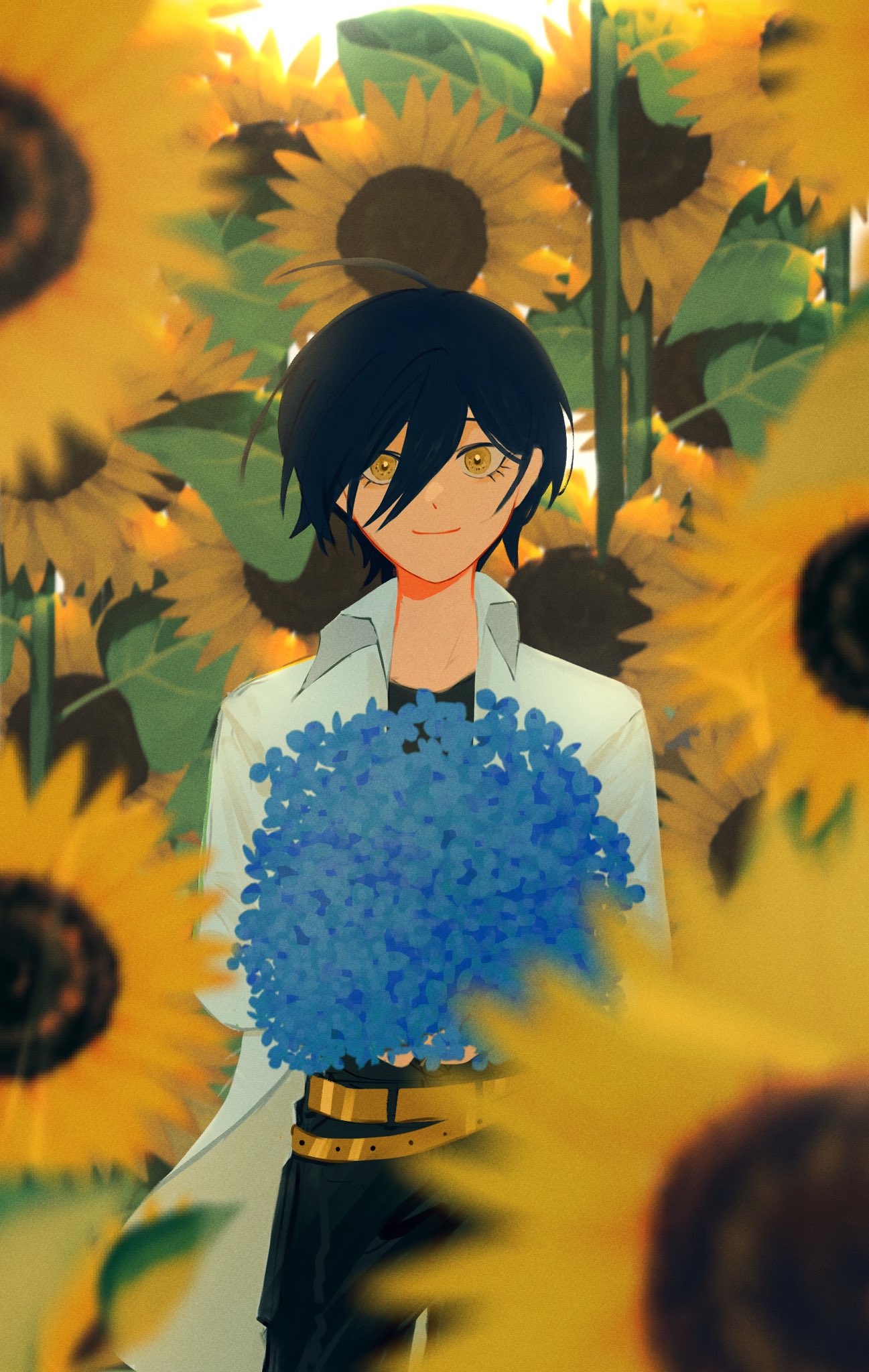 1boy, ahoge, alternate_costume, belt, bishounen, black_hair, blue_flower, blurry