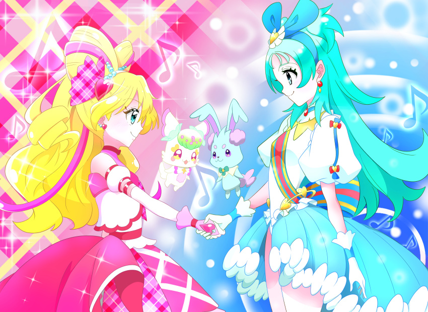 0dm3855p09p3y9a, 4girls, absurdres, blonde_hair, blue_eyes, bow, crossover, cure_idol, earrings, fairy, gloves, hair_bow, handshake, highres, jewelry, kimi_to_idol_precure, magical_girl, multiple_girls, precure, princess_ripple, princession_orchestra, purirun_(precure), rabbit, sakura_uta_(precure), sorano_minamo, white_gloves