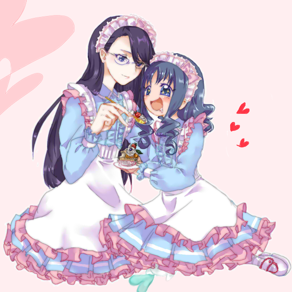2girls, blue_eyes, blue_hair, dessert, drooling, feeding, food, frilled_skirt