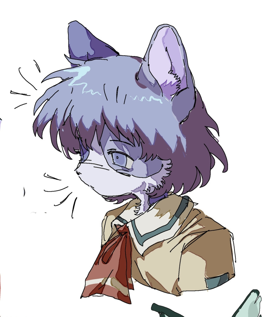 1girl, ascot, blue_eyes, blue_fur, blue_hair, cat_girl, closed_mouth, collared_shirt