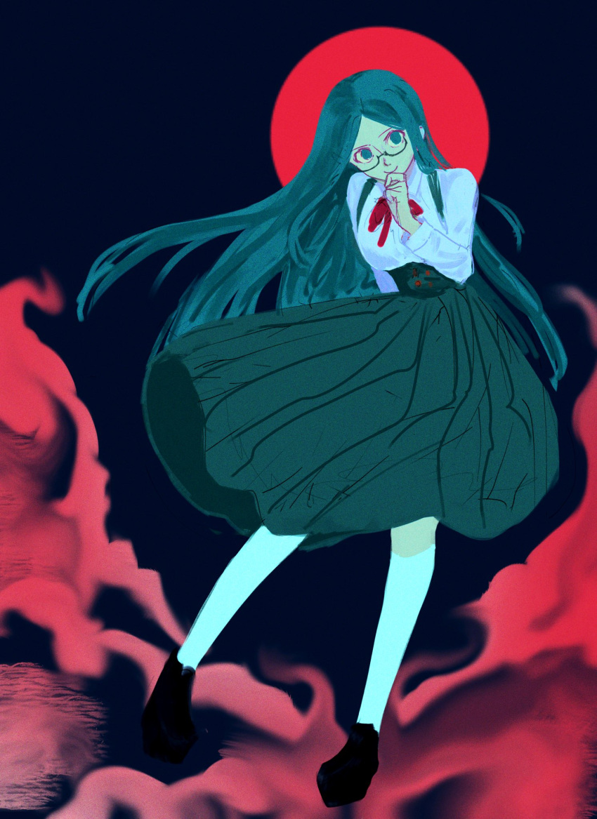 1girl, arm_behind_back, blue_background, blue_corset, blue_eyes, blue_hair, bow, breasts