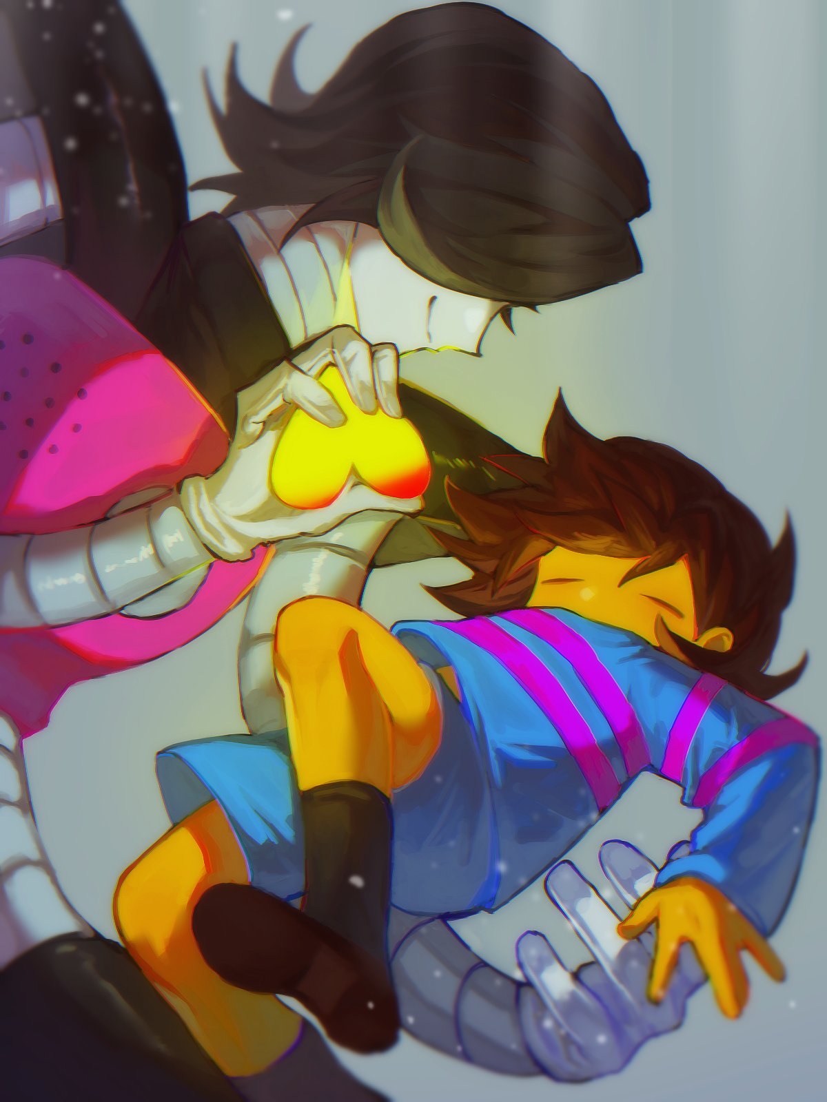 1boy, 1other, androgynous, android, black_hair, black_socks, blue_shirt, blue_shorts, brown_hair, brown_shoes, chromatic_aberration, closed_eyes, closed_mouth, colored_skin, face-to-face, facing_another, foot_out_of_frame, frisk_(undertale), gloves, grey_background, hair_over_one_eye, hashtag-only_commentary, heart, highres, holding, holding_heart, kneehighs, light_particles, long_sleeves, mechanical_arms, mettaton, mettaton_ex, orange_skin, pink_shirt, profile, relation_z, shirt, shoes, short_hair, shorts, simple_background, smile, socks, striped_clothes, striped_shirt, two-tone_shirt, undertale, upper_body, white_gloves