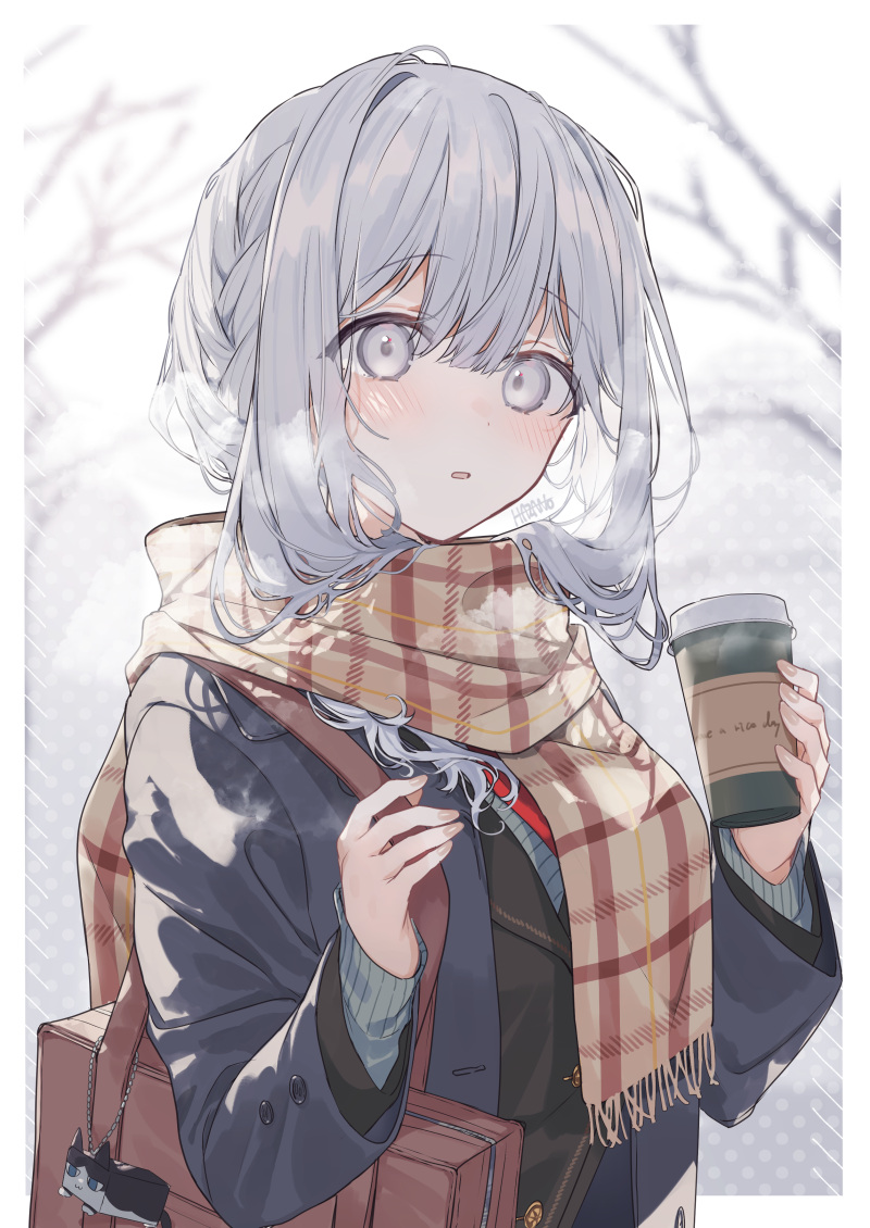 1girl, animal_charm, bag, bare_tree, black_jacket, blazer, blush, border