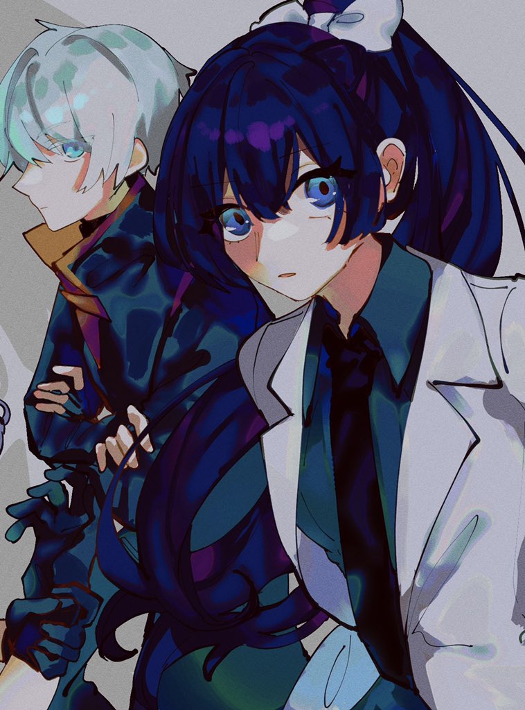 1boy, 1girl, black_necktie, blue_eyes, blue_jacket, coat, collared_shirt, commentary_request, honkai_(series), honkai_impact_3rd, jacket, kevin_kaslana, lab_coat, long_hair, mei_(honkai_impact), necktie, purple_hair, shirt, short_hair, tsuzuki908, very_long_hair, white_coat, white_hair
