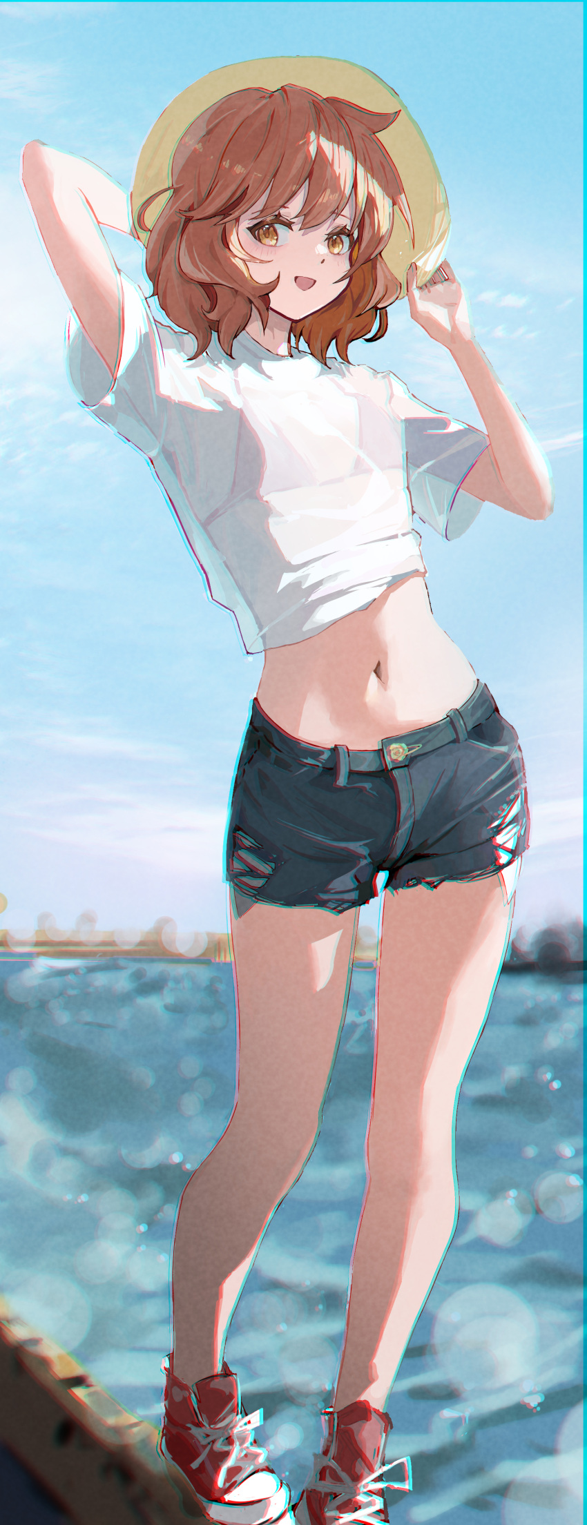 1girl, absurdres, bare_legs, bikini, bikini_top_only, bikini_top_under_shirt, blurry, blurry_background