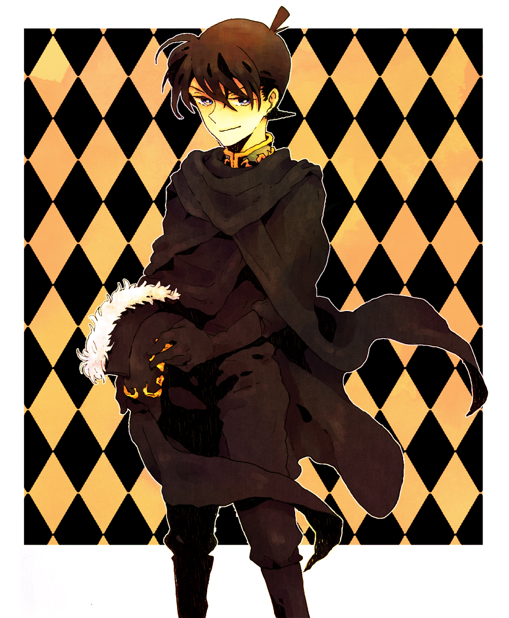 729, argyle, argyle_background, blue_eyes, boots, brown_hair, cloak, crooked_smile, detective_conan, fur, gloves, helmet, highres, kudou_shin'ichi, kudou_shinichi, male, meitantei_conan, short_hair, smile, smirk, solo